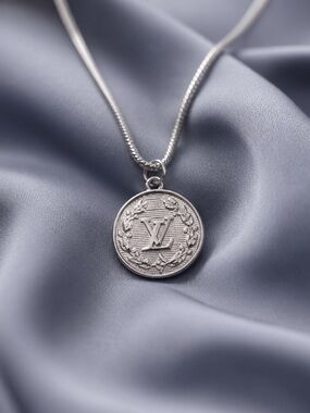 Upcycled Silver Round LV Emblem Pendant Necklace